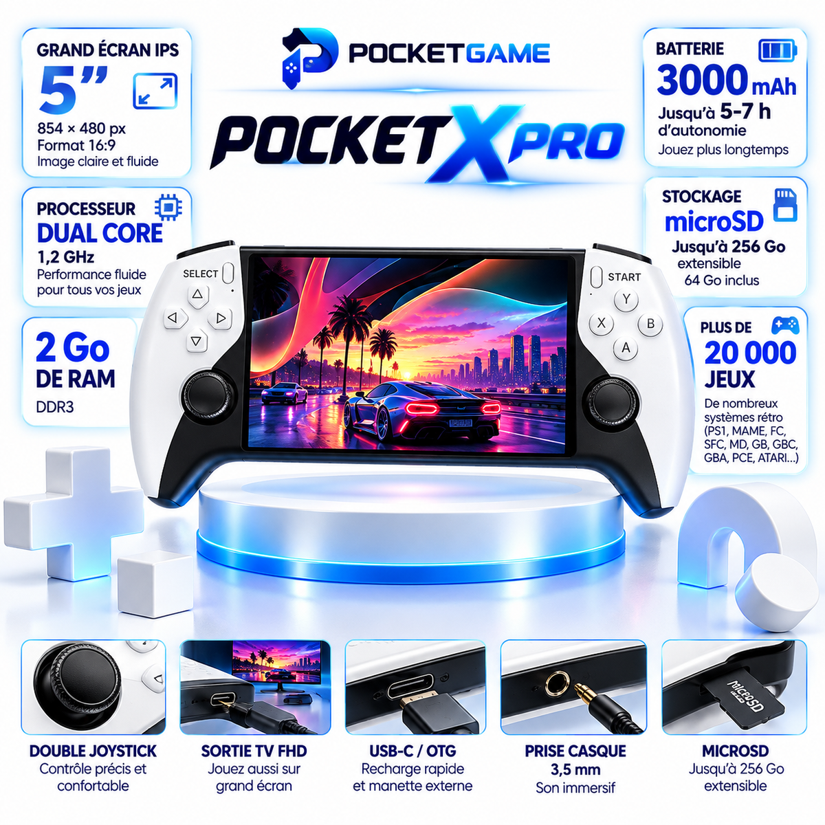 Pocket X Pro – Console portable rétro grand écran 5 pouces